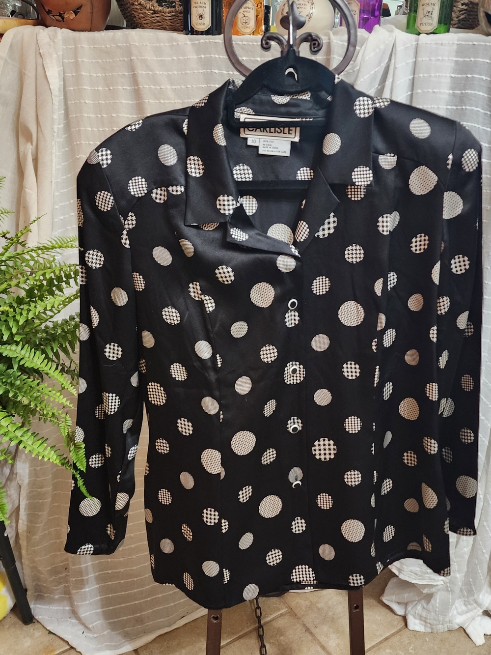 Vintage Carlisle Black Silk Polka Dot Button-Up Blouse